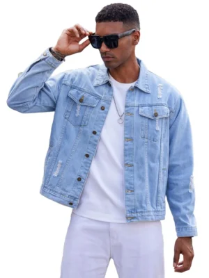Casual Jean Jacket for Men Ripped Sports Denim Jacket
