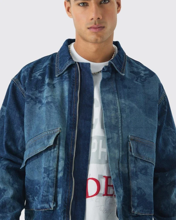 Relaxed Cropped Renaissance Laser Print Jean Jacket