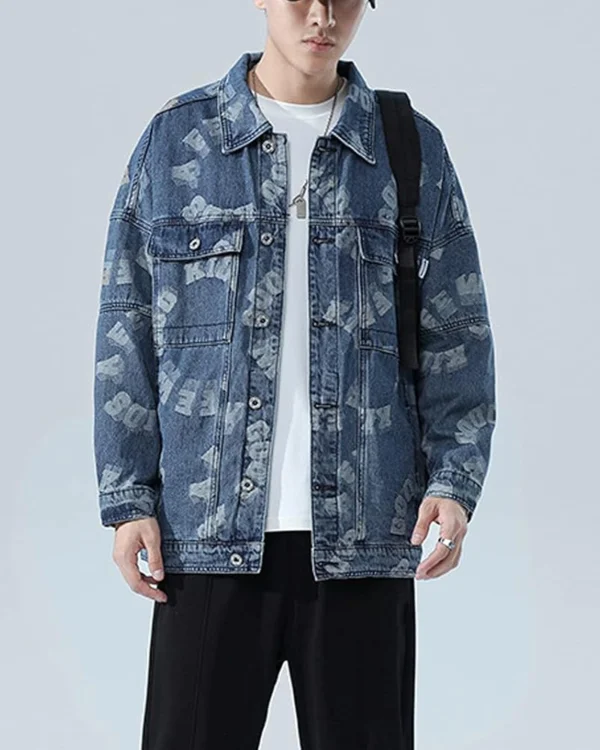 Laser Engraving Print Jacket Men's Denim Jackets Coat Boy Autumn Winter Long Sleeve Jean Casual Outwear Laser Engraving Print Loose Tops Outwear blue