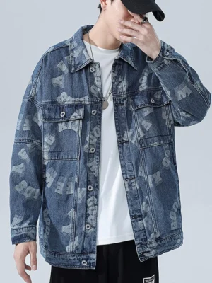 Men's Denim Jackets Coat Boy Autumn Winter Long Sleeve Jean Casual Outwear Laser Engraving Print Loose Tops Outwear blue