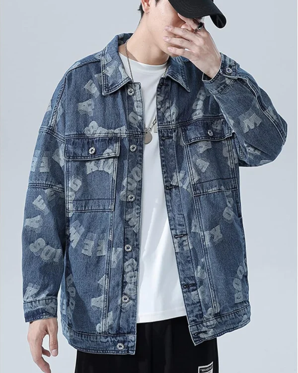 Laser Engraving Print Jacket Men's Denim Jackets Coat Boy Autumn Winter Long Sleeve Jean Casual Outwear Laser Engraving Print Loose Tops Outwear blue
