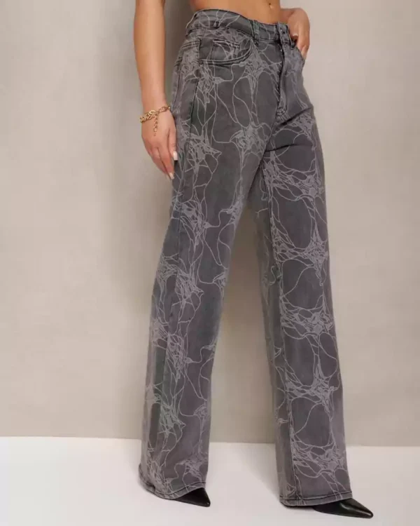 High Waist Szerokie Laser Engraving Jeans