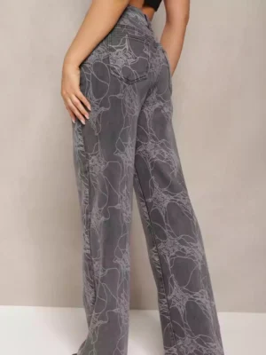 High Waist Szerokie Laser Engraving Jeans