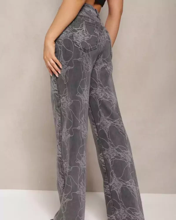 High Waist Szerokie Laser Engraving Jeans
