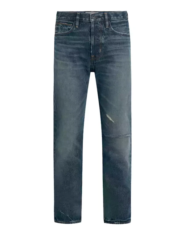 A medium dark indigo wash denim jeans