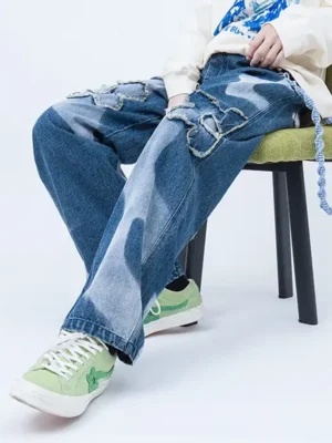 Washing Out Color Affixed Cloth Embroidery Denim Jeans