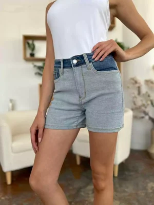 Blue Color Block Denim Shorts Blue Color Block Denim Shorts