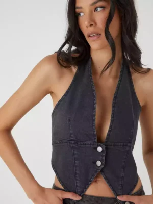 Button Front Halterneck Denim Top Washed Black