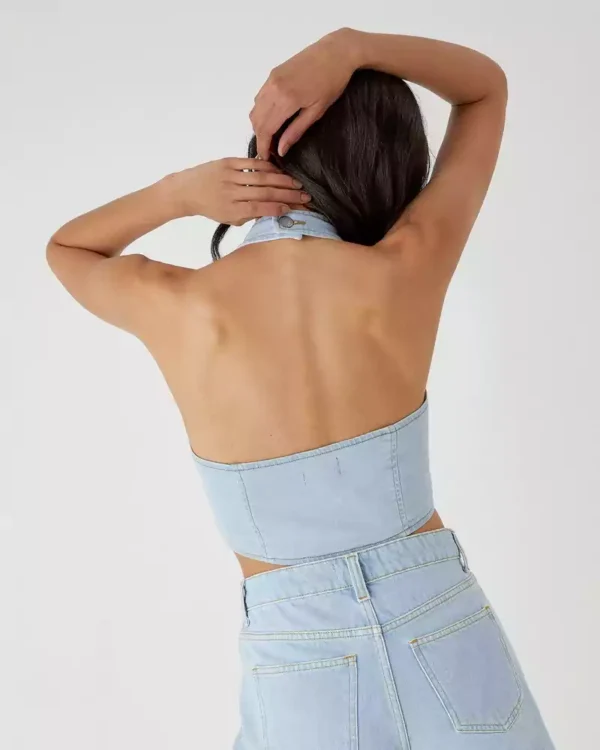 Button Front Halterneck Denim Top Washed Black