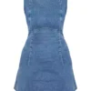 Shape Dark Blue Stretch Denim Boat Neck A-line Mini Dress