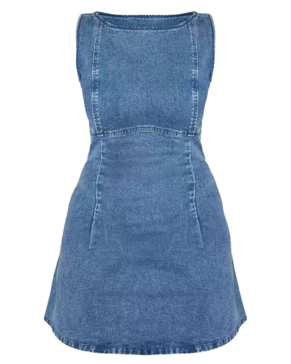 Shape Dark Blue Stretch Denim Boat Neck A-line Mini Dress