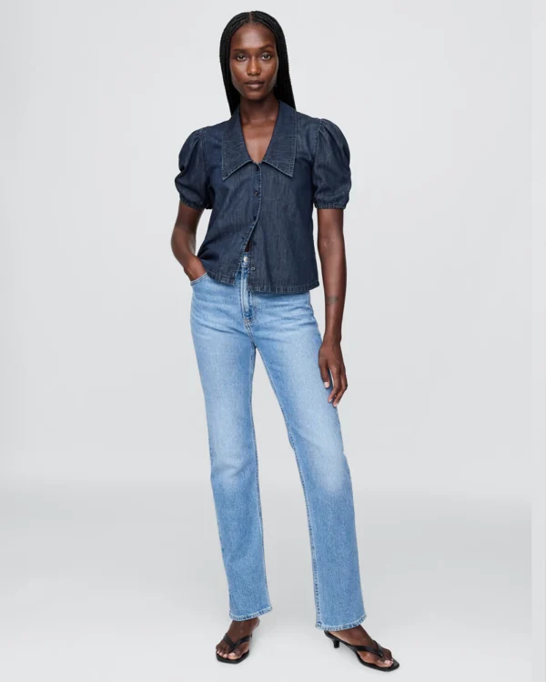 Dark rinse Denim Puff-Sleeve Collared Shirt Dark rinse Denim Puff-Sleeve Collared Shirt