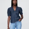 Dark rinse Denim Puff-Sleeve Collared Shirt Dark rinse Denim Puff-Sleeve Collared Shirt