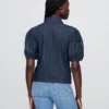 Dark rinse Denim Puff-Sleeve Collared Shirt Dark rinse Denim Puff-Sleeve Collared Shirt