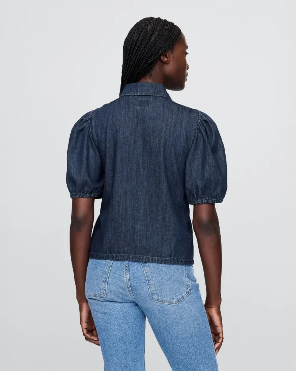 Dark rinse Denim Puff-Sleeve Collared Shirt Dark rinse Denim Puff-Sleeve Collared Shirt