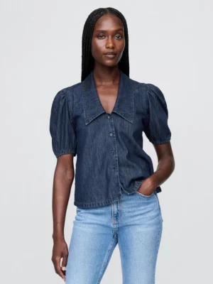 Dark rinse Denim Puff-Sleeve Collared Shirt Dark rinse Denim Puff-Sleeve Collared Shirt