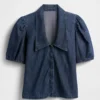 Dark rinse Denim Puff-Sleeve Collared Shirt Dark rinse Denim Puff-Sleeve Collared Shirt