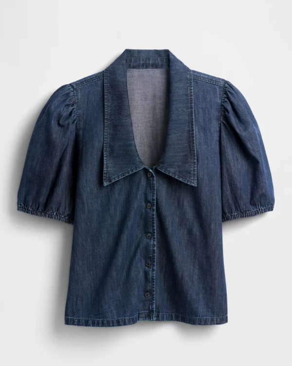 Dark rinse Denim Puff-Sleeve Collared Shirt Dark rinse Denim Puff-Sleeve Collared Shirt