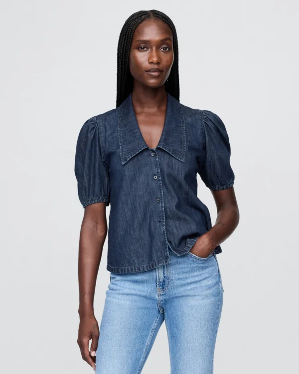 Dark rinse Denim Puff-Sleeve Collared Shirt Dark rinse Denim Puff-Sleeve Collared Shirt