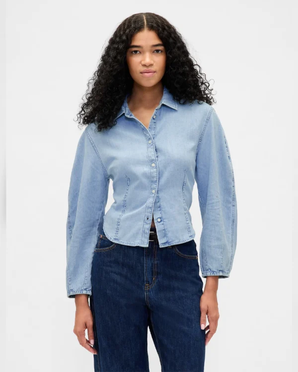 Denim Balloon-Sleeve Shirt
