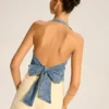 Denim Halter-Neck Wrap Top with Back Bow Detail
