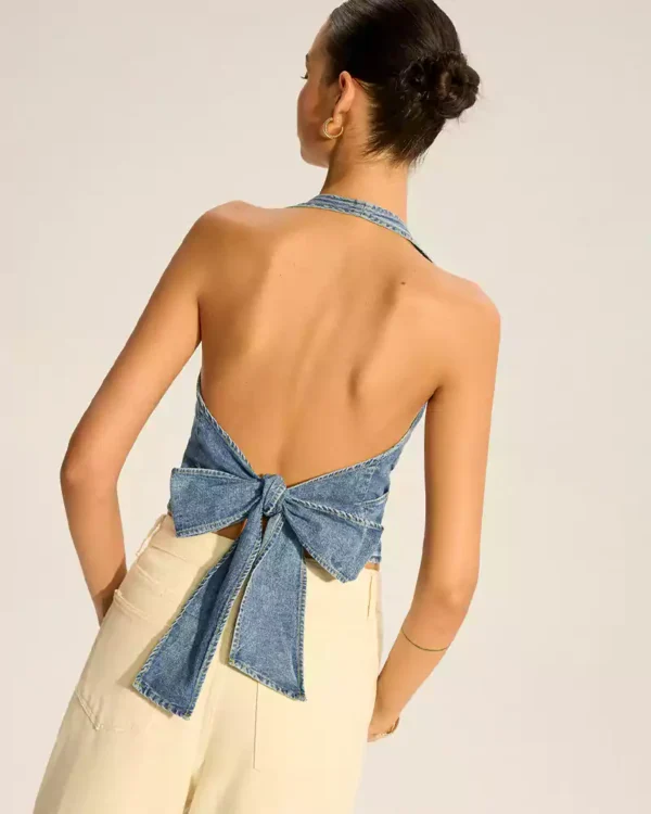 Denim Halter-Neck Wrap Top with Back Bow Detail