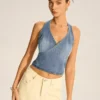Denim Halter-Neck Wrap Top with Back Bow Detail