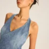 Denim Halter-Neck Wrap Top with Back Bow Detail