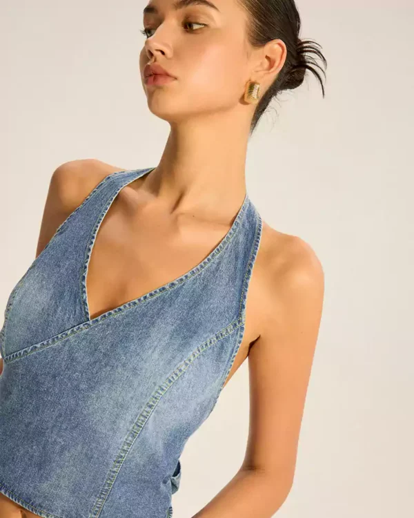 Denim Halter-Neck Wrap Top with Back Bow Detail