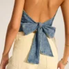 Denim Halter-Neck Wrap Top with Back Bow Detail