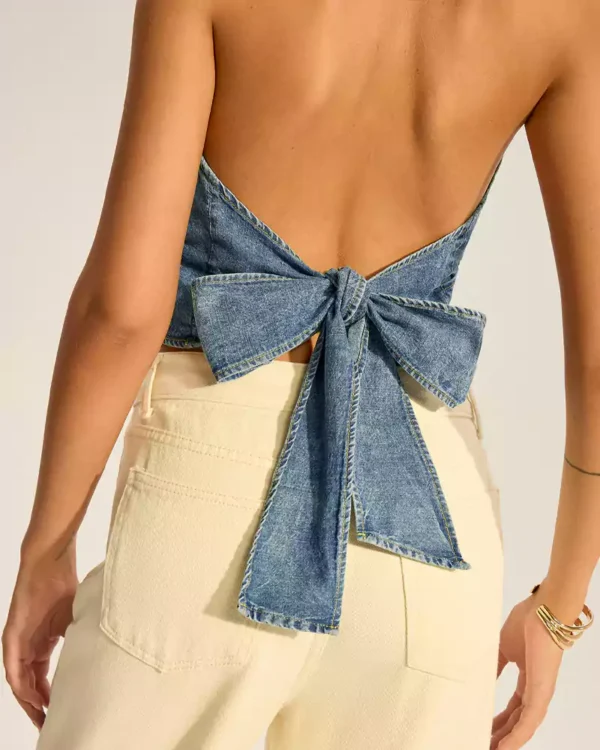 Denim Halter-Neck Wrap Top with Back Bow Detail