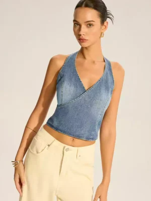 Denim Halter-Neck Wrap Top with Back Bow Detail