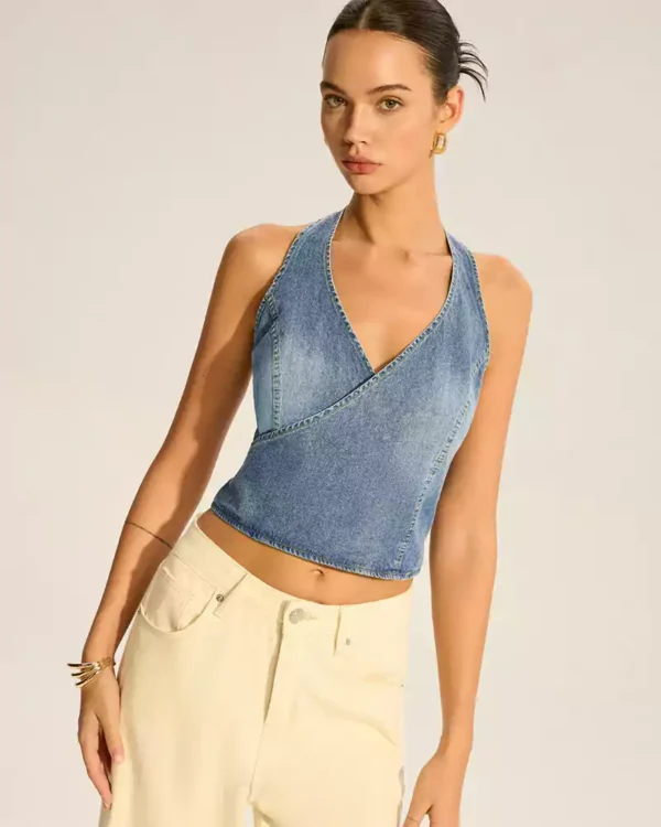 Denim Halter-Neck Wrap Top with Back Bow Detail