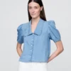Denim Puff-Sleeve Collared Shirt Denim Puff-Sleeve Collared Shirt