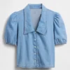 Denim Puff-Sleeve Collared Shirt Denim Puff-Sleeve Collared Shirt