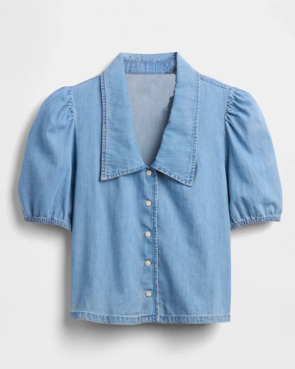Denim Puff-Sleeve Collared Shirt Denim Puff-Sleeve Collared Shirt