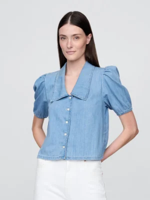 Denim Puff-Sleeve Collared Shirt