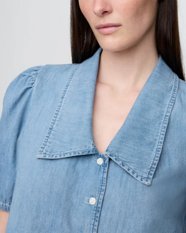 Denim Puff-Sleeve Collared Shirt Denim Puff-Sleeve Collared Shirt