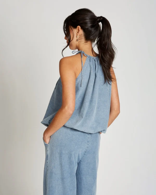 Denim Puff-Sleeve Collared Shirt Blue Denim Halter Neck Top