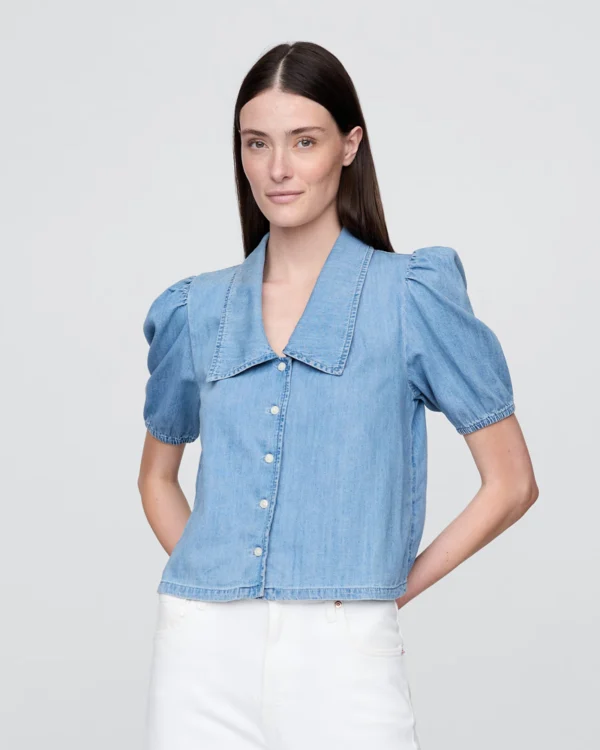 Denim Puff-Sleeve Collared Shirt Denim Puff-Sleeve Collared Shirt