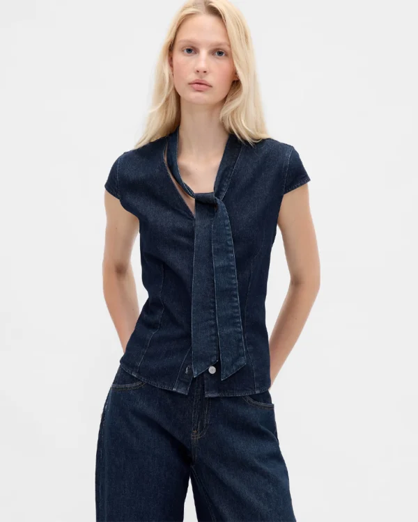 Denim Tie-Neck Top