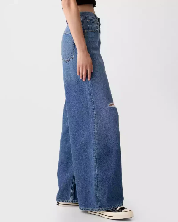 Destroyed medium indigo wash denim jean