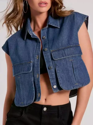 Edgy Mood Pocket Oversized Crop Denim Vest