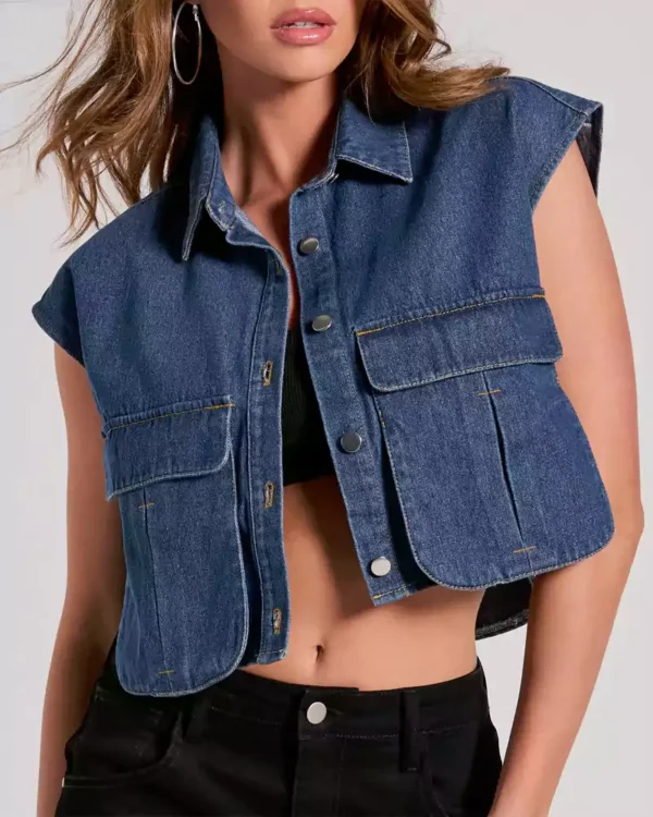 Edgy Mood Pocket Oversized Crop Denim Vest