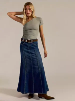 Light washed denim maxi skirts