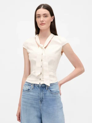 Off white wash Denim Tie-Neck Top