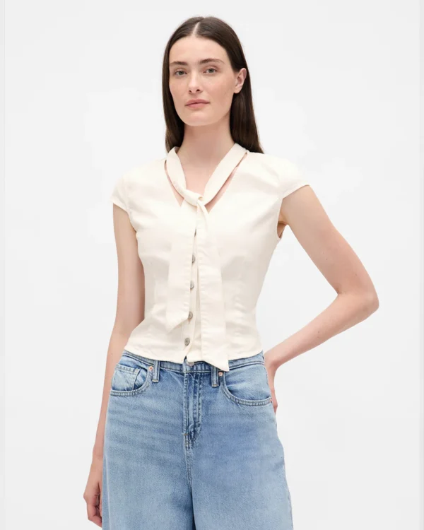 Off white wash Denim Tie-Neck Top Off white wash Denim Tie-Neck Top
