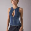 Plunging Keyhole Cutout Zip-Front Denim Vest Top