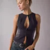 Plunging Keyhole Cutout Zip-Front Denim Vest Top