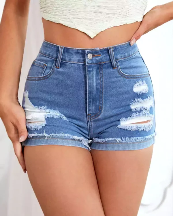 Ripped Raw Hem Denim women Shorts